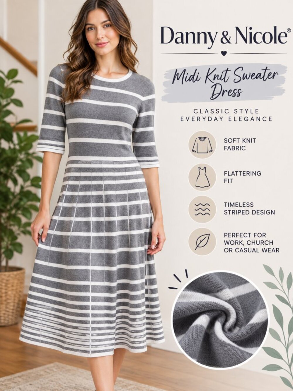 Danny & Nicole Midi Knit Sweater Gray Striped Dress Size M